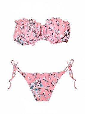 Zaful Pink Floral Ruffle Tie Bikini Set